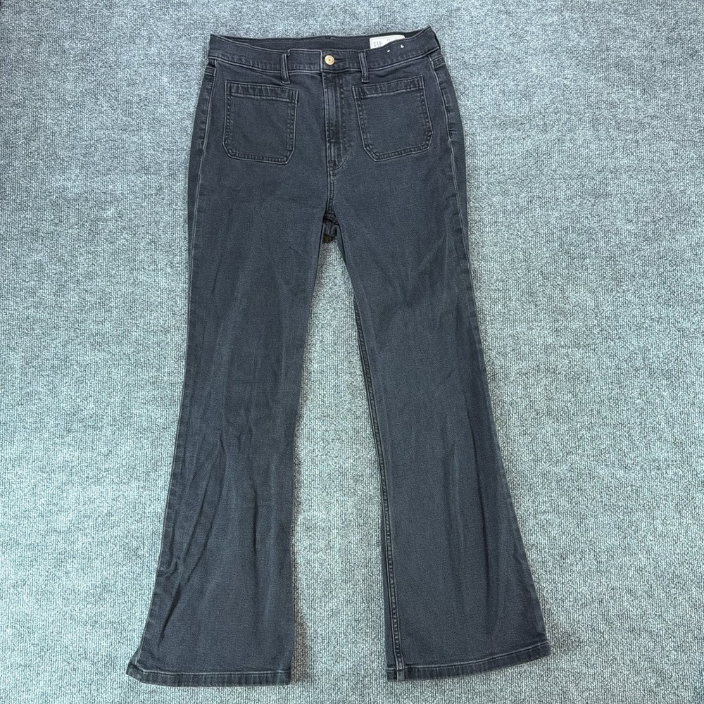 GAP High Rise 70s Flare Jeans Black Front Patch Pocket Denim Pants Womens 30/10R